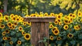 In a sea of golden sunflowers stands a charming wooden podium calling attention to a stunning display of freshly picked Royalty Free Stock Photo