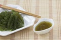 Sea grapes or green caviar and spicy sauce on a white dish the w Royalty Free Stock Photo