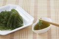 Sea grapes or green caviar and spicy sauce on a white dish the w Royalty Free Stock Photo