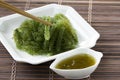 Sea grapes or green caviar and spicy sauce on a white dish Royalty Free Stock Photo