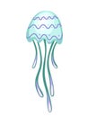 Sea green jellyfish with pattern. Tropical underwater animal. Medusa aquatic organism, cartoon style design. Flat 