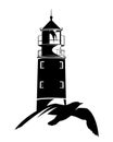 Sea gull bird and lighthouse tower black and white vector outline