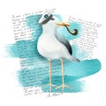 A sea gull in a captain's cap with a smoking pipe on a blue background and a text about the Atlantic Ocean in