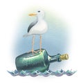 A sea gull floats on a green, glass bottle. Watercolor illustration. Composition from the collection of SEA FISHING. For Royalty Free Stock Photo