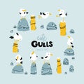 Sea gulls set. Childish vector illustration in cartoon Scandinavian style. Birds on the beach, on stones, on fishing Royalty Free Stock Photo