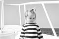 Sea is his vocation. Baby boy enjoy vacation cruise ship. Child cute sailor yacht sunny day. Boy adorable sailor striped Royalty Free Stock Photo