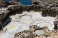 Crystallized salt in a rock hole after the sea water evaporated