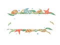 Sea horizontal frame, cute fish, seashells, seaweeds, red sea star and blue water bubbles. Marine design. Watercolor Royalty Free Stock Photo