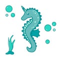 Cute unicorn sea horse, sea weed and bubbles. Hand drawn illustration vector. White background.