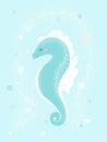 Sea horse cute cartoon illustration drawn by hand in blue color. Blue seahorse animal flat character for design