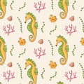 Sea horse seamless pattern in cartoon style. Undersea life background with coral, fish, seashell and seaweed. Vector Royalty Free Stock Photo