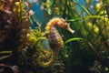 A sea horse swims in an aquarium and gazes directly at the camera, A peaceful seahorse nestled among underwater vegetation, AI Royalty Free Stock Photo