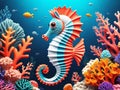 Sea horse underwater scene with coral