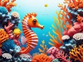 Sea horse underwater scene with coral