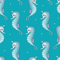 Sea horses on blue background. Nautical seamless pattern with fish. Vector illustration for children Royalty Free Stock Photo