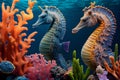 Sea Horses Swimming Near Corals and Reefs. AI Generated Royalty Free Stock Photo