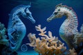 Sea Horses Swimming Near Corals and Reefs. AI Generated Royalty Free Stock Photo