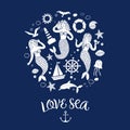 Sea icons cartoon set with lovely mermaids Royalty Free Stock Photo