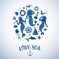 Sea icons cartoon set with lovely mermaids Royalty Free Stock Photo