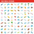 100 sea icons set, isometric 3d style Royalty Free Stock Photo