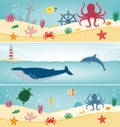 Sea icons and symbols set. Sea animals. Nautical design elements. Concept website template. Vector Royalty Free Stock Photo