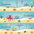 Sea icons and symbols set. Sea animals. Nautical design elements. Concept website template. Vector Royalty Free Stock Photo