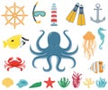 Sea icons and symbols set. Sea animals. Nautical design elements. Vector Royalty Free Stock Photo