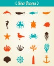 Sea icons and symbols set. Sea animals. Nautical design elements. Vector Royalty Free Stock Photo