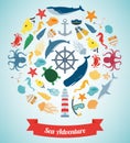 Sea icons and symbols set. Sea animals. Nautical design elements. Vector Royalty Free Stock Photo