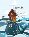 Sea illustration with whale and red house Royalty Free Stock Photo