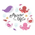 Sea inhabitants. Octopus, starfish, whale, fish, crabs and algae. Lettering marine life