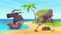 Sea island. Pirate ship. Sand beach. Treasure chest. Tropical palm. Shipwreck in ocean. Sail boat adventure. Wooden