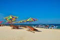 Sea,Island,umbrella,Thailand, Khai Island Phuket, Sun beds and sun umbrellas on a tropical beach Royalty Free Stock Photo