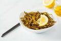 Sea kale kelp salad with oil and lemon in a white plate, white b Royalty Free Stock Photo