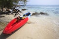 Sea kayak canoe on sea sand beach with beautiful nature coast be Royalty Free Stock Photo