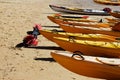 Sea kayaks on the beach at Anchorage Bay, Abel Tasman National Park, New Zealand Royalty Free Stock Photo