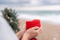 Sea Lady in plaid shirt with a red mug in her hands enjoys beach with Christmas tree. Coastal area. Christmas, New Year