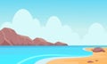 Sea lagoon with rocks landscape. Natural illustration with blue ocean bay and yellow sandy beach colorful resort scenery