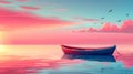 Sea, lake, or pond scenery landscape, lonely wooden boat on calm water in early morning with birds flying in pink sky Royalty Free Stock Photo