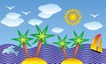 Stylized tropical seascape. Palma, beach, sun, sea, palm, yacht and gulls. Royalty Free Stock Photo