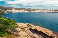 Sea landscape with Cadaques, Catalonia, Spain near of Barcelona. Scenic old town with nice beach and clear blue water in bay.