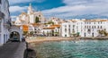 Sea landscape with Cadaques, Catalonia, Spain near of Barcelona. Scenic old town with nice beach and clear blue water in bay.