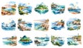 Sea landscape clipart set, watercolor seascape collection. Isolated illustrations of tropical islands, landscapes with coastlines