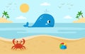 Large whale in the sea. Red crab on the beach. Sea landscape