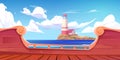 Sea landscape with lighthouse on island, ship deck