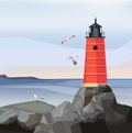 Sea landscape lighthouse. Ocean or sea water with night navigation safety building on rocks vector cartoon background Royalty Free Stock Photo