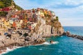 Sea landscape in Manarola village, Cinque Terre coast of Italy. Scenic beautiful small town in the province of La Spezia, Liguria Royalty Free Stock Photo