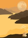 Sea landscape with mountains and fjords, magic transparent moon and falling leaf