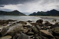 Sea landscape with mountains and gloomy sky, Lofotens