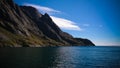 Sea landscape of Nusfjord village and harbour at flakstadoya Island , Lofoten , Norway